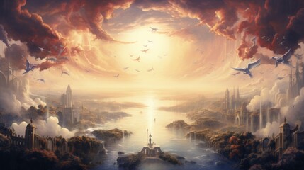 Poster - Fantasy landscape with lake and city in the sky. Digital painting. Vector illustration of heaven with a beautiful sunset. Lands of gods, mystical place of the afterlife.