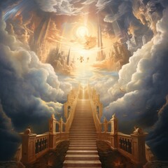 Golden gates to heaven. Stairway that leads to a big, beautiful heaven entrance. Shiny golden staircase to heaven, interpretation. Fantasy portal to heaven with a blue sky and white clouds.