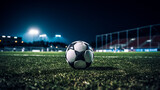 Fototapeta Sport - Soccer ball on green grass of football stadium at night with lights