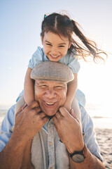 Beach, old man and kid on back happy for family travel, play outdoor together and bonding with love and fun. Vacation, elderly person smile and portrait of girl child on holiday on piggyback by ocean