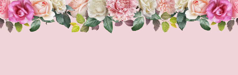 Wall Mural - Floral banner, border header with copy space. Pink peony, ivory roses  isolated on pastel background. Natural flowers wallpaper or greeting card.