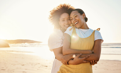 Wall Mural - Portrait, hug and lgbt couple on the beach together for romance or relationship bonding on a date. Mockup, sunset and a gay woman with her lesbian girlfriend by the sea or ocean for their honeymoon