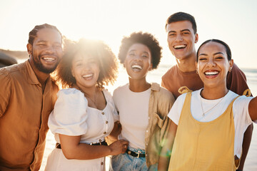 Poster - Selfie, beach and friends with vacation, smile and post with adventure, tropical island and travel. Portrait, people and group with profile picture, seaside holiday and lens flare with social media