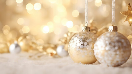 Poster - Beautiful Christmas decoration background with golden balls and Christmas lights. AI generated.