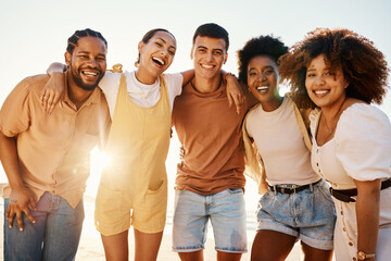 Canvas Print - Beach sunset, portrait and happy friends hug, laughing and enjoy travel vacation, summer freedom or funny joke. Nature reunion, group solidarity and diversity people smile, embrace and happy on trip