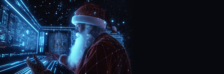 Christmas Santa Claus in new year close-up, at artificial intelligence console, electronics background. AI generated.