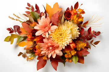 Wall Mural - Top view of a Thanksgiving centerpiece with flowers and leave