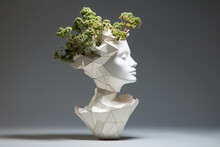 Flower Pot In The Shape Of Female Head With Growning Out Green Plants. Stylish Home Decor, Mental Health And Personal Growth Concept