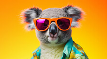 Cute Gray Fluffy Koala In Sunglasses And Colorful Shads