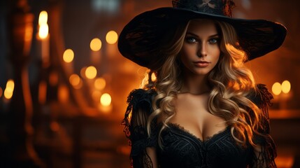 Beautiful hot girl in a sexy witch costume with a witch hat looking at the camera. Portrait of a seductive woman with long hair wearing a hat and a sexy witch suit on a blurred background with candles