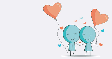 Sweet couple in love holding balloon with heart for wishes, greeting and invitation card, Vector illustration, Happy couple with copy space for text