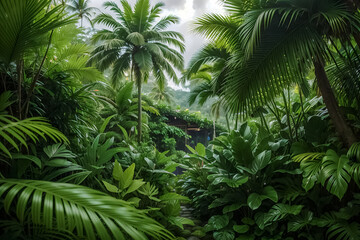 beautiful green jungle of lush palm leaves, palm trees in an exotic tropical forest, wild tropical plants nature concept for panorama wallpaper, 