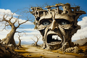 Wall Mural - Image of creepy face in the middle of barren area.