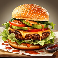 Canvas Print - Large hamburger with lettuce, tomato and cheese.