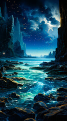 Poster - Image of river at night with stars in the sky.