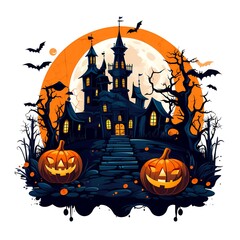 Sticker - Halloween scene with pumpkins and castle in the background.