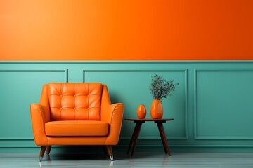 Poster - Chair and table in room with orange walls.