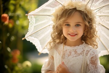 portrait of cute little girl with umbrella in the garden on a sunny day