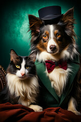 Sticker - Dog and cat are dressed up for photo.