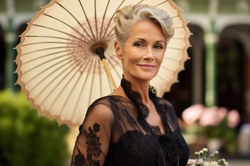 Portrait of a beautiful mature woman in a black lace dress with an umbrella