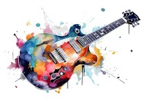 Watercolor Guitar With Color Splashes On White Background