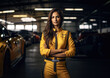 Woman in racing dress - female motosport car racer, blurred garage background. Generative AI
