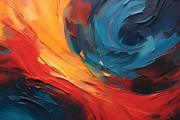 close-up view of a textured, colorful abstract painting. the artwork has a rough, vibrant appearance