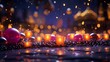 © елена калиничева - Christmas and New Year holidays concept. Red balls on Christmas background. Winter snowy backdrop. Template for design, banner.
