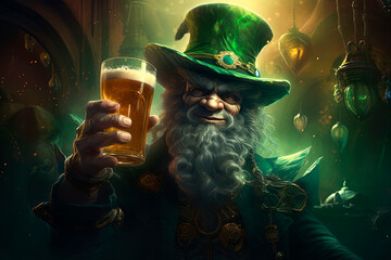 Wall Mural - A magical leprechaun holds a glass of beer. Generative AI