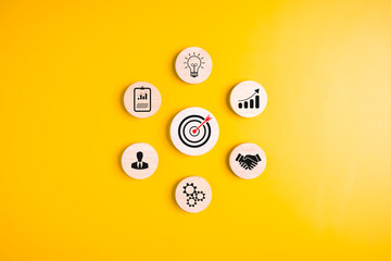 Business target goal and lightbulb icons for new creative idea, Business strategy planning management, Business goal, Innovation and inspiration for creativity idea thinking