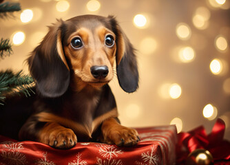 Wall Mural - A cute Dachshund puppy celebrates Christmas, adding warmth and happiness to the festive scene.