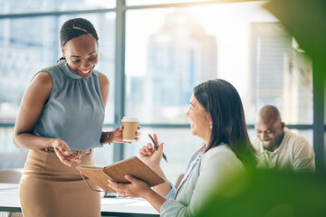 Poster - Teamwork, diversity and notebook with business woman planning their schedule or calendar in the office. Collaboration, agenda and a professional employee reading a journal or diary with her colleague