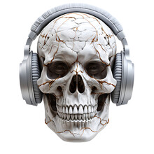 Halloween Skull Mask Wearing Silver Headphones. White Or Transparent Background, Png. Ai Generated
