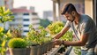 © artem - A person tends to potted plants on a balcony, nurturing green life in an urban environment