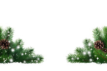 Border Of Isolated Green Christmas Tree Branches At The Edge On Transparent Background With Sparkling White Snowflakes On White Background With Copy Space PNG
