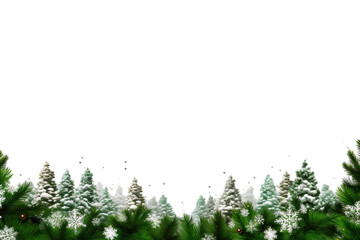 Wall Mural - border of isolated green Christmas tree branches at the edge on transparent background with sparkling white snowflakes on white background with copy space PNG