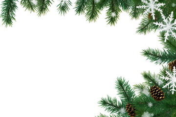 Wall Mural - border of isolated green Christmas tree branches at the edge on transparent background with sparkling white snowflakes on white background with copy space PNG