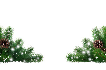 Wall Mural - border of isolated green Christmas tree branches at the edge on transparent background with sparkling white snowflakes on white background with copy space PNG