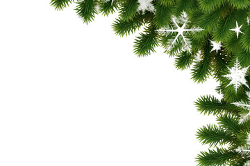 Wall Mural - border of isolated green Christmas tree branches at the edge on transparent background with sparkling white snowflakes on white background with copy space PNG