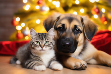 Cat And Dog Near The Christmas Tree. Christmas Pets. Happiness, Celebration And Fun. Furry Animals.