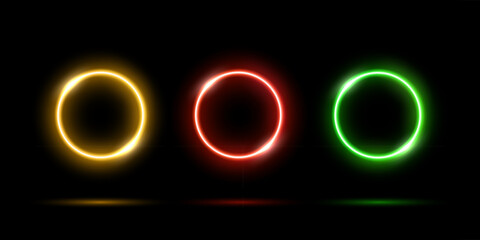 Poster - Neon circles set, LED yellow, red and green rings with gradient light effect and glowing