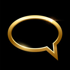 Poster - 3D gold frame of speech bubble vector illustration. Realistic glossy golden balloon of social media chat on black background, elegant shiny dialog conversation cloud template with glow light effect