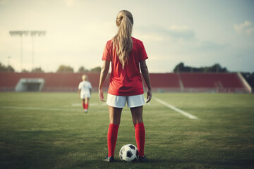 Young female soccer player in red jersey with ball on the football field