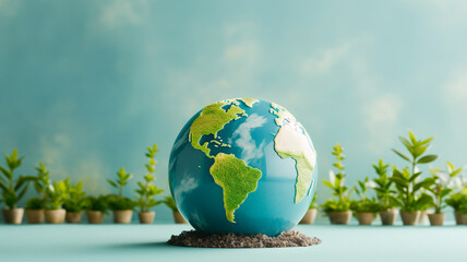 Globe and plant on blue background with copy space. Earth day concept.