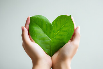 Close up of female hands holding a heart shape green leaf