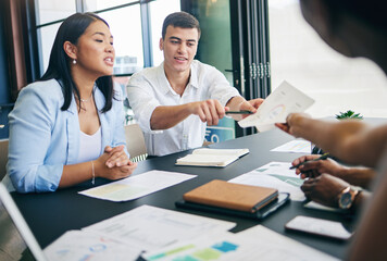 Poster - Meeting, b2b and business people with statistics, paperwork and proposal for contract, motivation and collaboration. Teamwork, men and women at office desk with interview, documents and feedback.