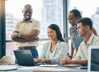 Canvas Print - Business people, meeting and teamwork on laptop for collaboration, planning and marketing research or training. Professional manager or woman typing on computer for project support and management