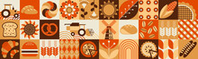Autumn Pattern. Agriculture, Farming. Bakery. Bauhaus Mosaic Style. Simple Geometric Shapes. Textile Background Of Fresh Pastries, Grains, Bread, Cakes, Pies, Fruits, Flowers.