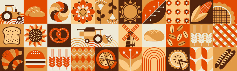 Autumn pattern. Agriculture, farming. Bakery. Bauhaus mosaic style. Simple geometric shapes. Textile background of fresh pastries, grains, bread, cakes, pies, fruits, flowers.