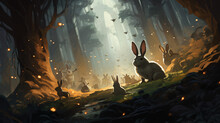 Enchanted Rabbits Hopping Through A Forest Fantasy Closeup
